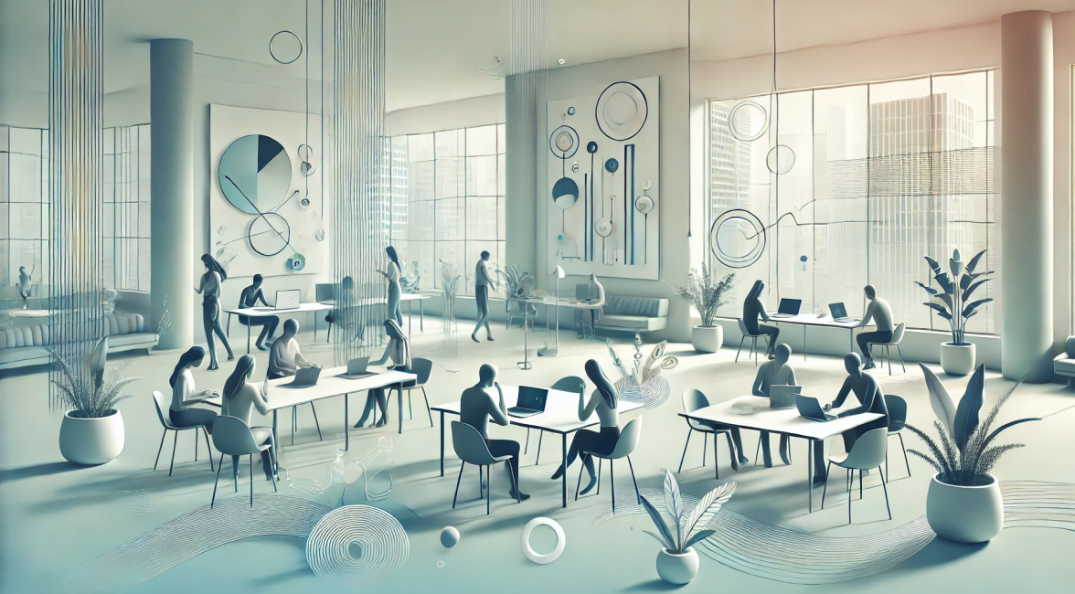 Image of large room showing multiple tables with workers