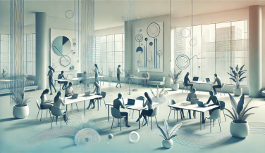 Image of large room showing multiple tables with workers